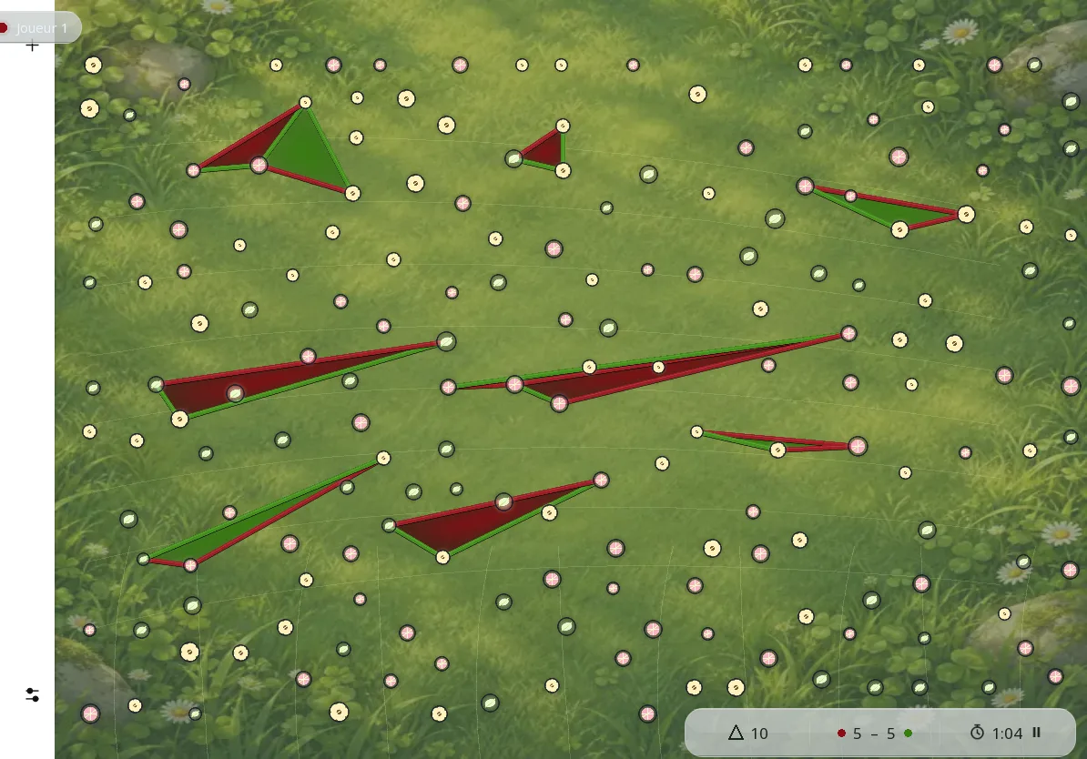 Partie en cours de Triangles sur tablette, en paysage, thème Prairie : 180 étoiles, traits rouges et verts, 10 triangles coloriés, score 5 à 5.