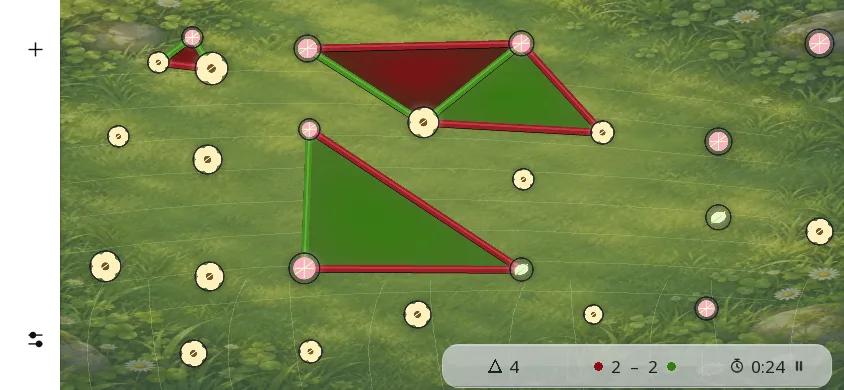 Début de partie de Triangles sur téléphone, en paysage, thème Prairie : 24 étoiles, traits rouges et verts, 4 triangles coloriés, score 2 à 2.