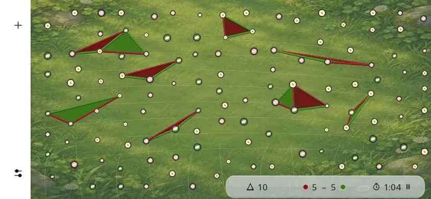 Partie en cours de Triangles sur téléphone, en paysage, thème Prairie : 120 étoiles, traits rouges et verts, 10 triangles coloriés, score 5 à 5.
